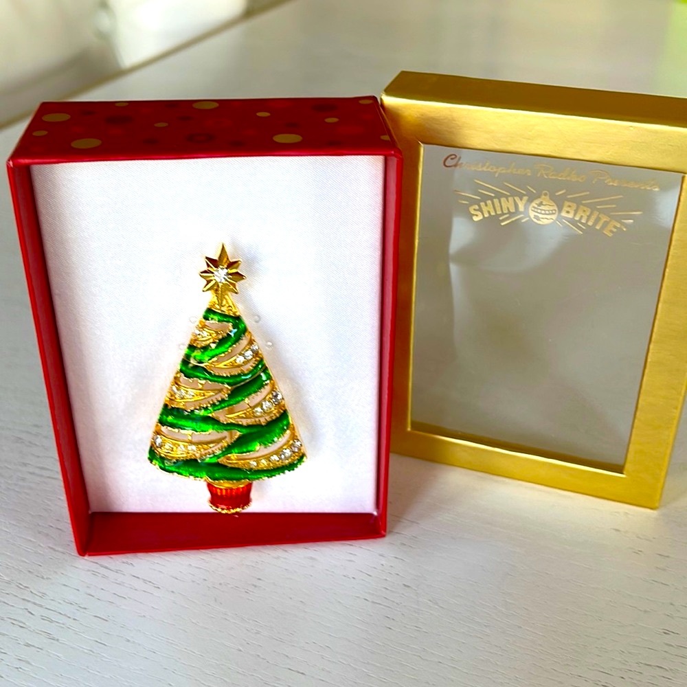 Christopher Radko Green Enamel Christmas Tree Brooch w/White Crystals